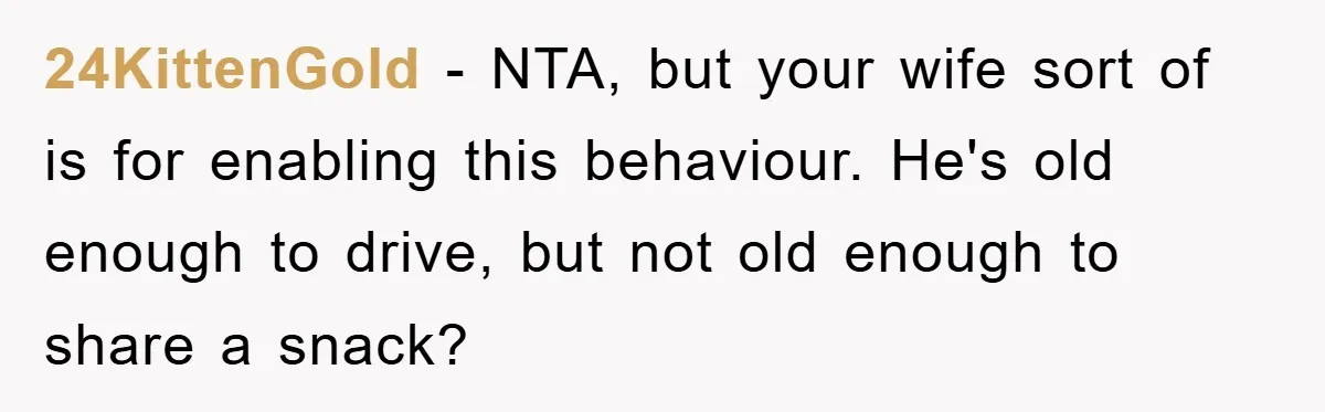 24KittenGold − NTA, but your wife sort of is for enabling this behaviour. He's old enough to drive, but not old enough to share a snack?