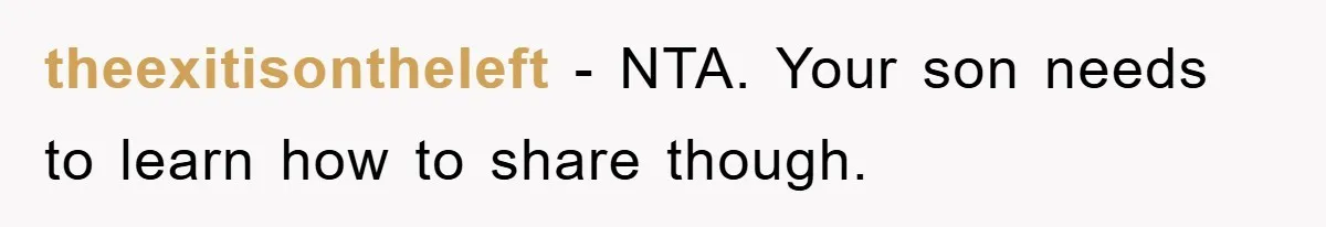 theexitisontheleft − NTA. Your son needs to learn how to share though.