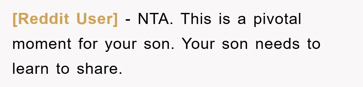 [Reddit User] − NTA. This is a pivotal moment for your son. Your son needs to learn to share.