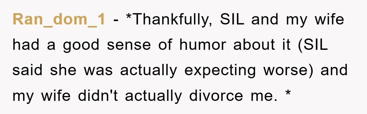 Ran_dom_1 − *Thankfully, SIL and my wife had a good sense of humor about it (SIL said she was actually expecting worse) and my wife didn't actually divorce me. *