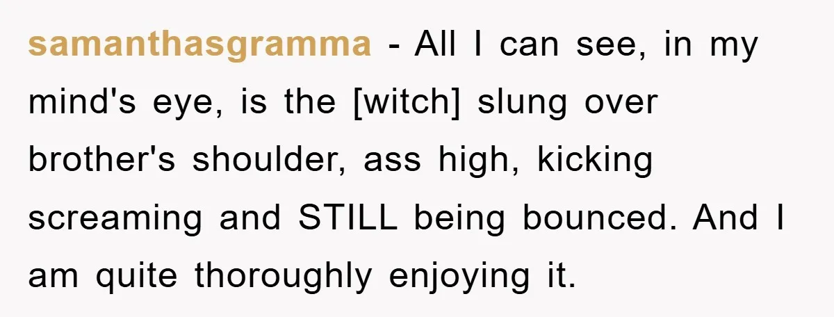 samanthasgramma − All I can see, in my mind's eye, is the [witch] slung over brother's shoulder, ass high, kicking screaming and STILL being bounced. And I am quite thoroughly...