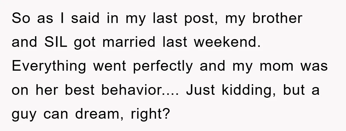 So as I said in my last post, my brother and SIL got married last weekend. Everything went perfectly and my mom was on her best behavior.... Just kidding, but...