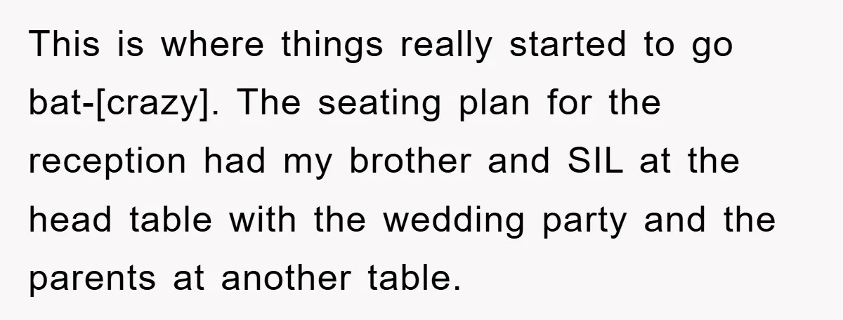 This is where things really started to go bat-[crazy]. The seating plan for the reception had my brother and SIL at the head table with the wedding party and the...