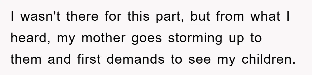 I wasn't there for this part, but from what I heard, my mother goes storming up to them and first demands to see my children.