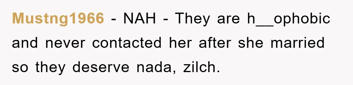 Mustng1966 − NAH - They are h__ophobic and never contacted her after she married so they deserve nada, zilch.