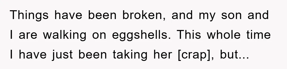 Things have been broken, and my son and I are walking on eggshells. This whole time I have just been taking her [crap], but...