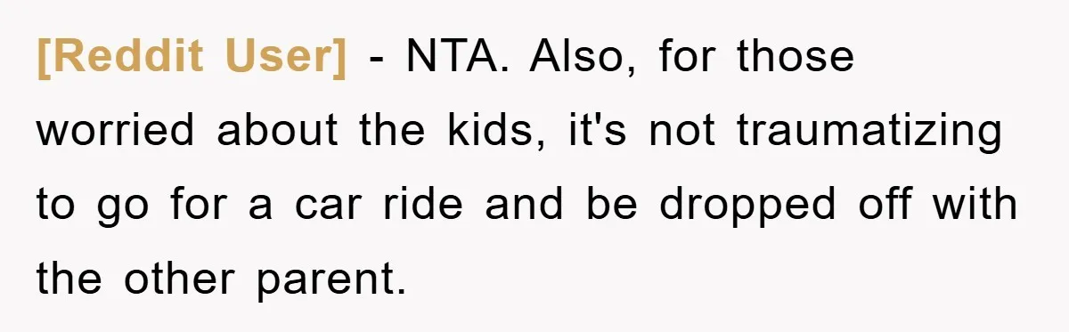 [Reddit User] − NTA. Also, for those worried about the kids, it's not traumatizing to go for a car ride and be dropped off with the other parent.