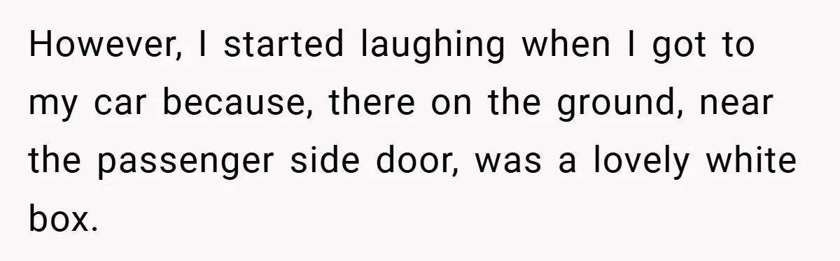 However, I started laughing when I got to my car because, there on the ground, near the passenger side door, was a lovely white box.