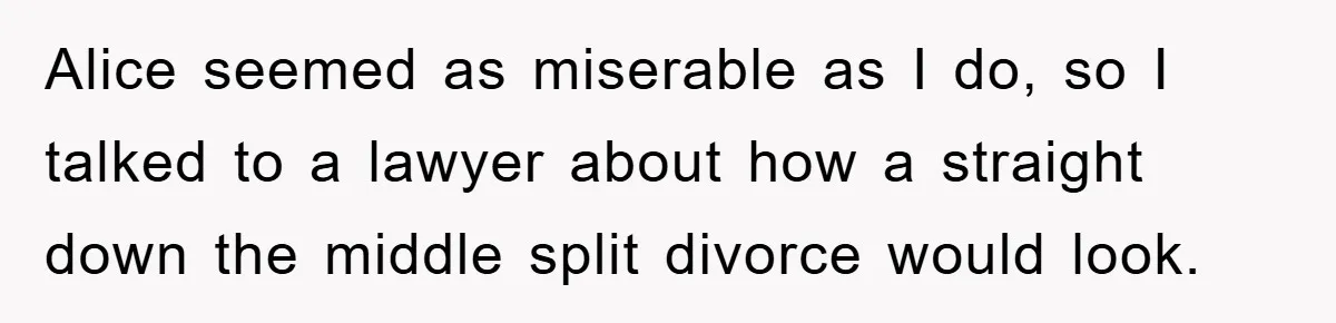 Alice seemed as miserable as I do, so I talked to a lawyer about how a straight down the middle split divorce would look.