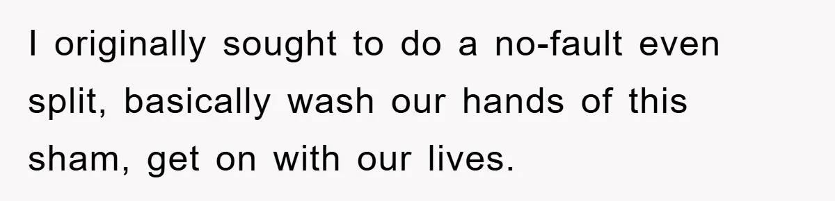 I originally sought to do a no-fault even split, basically wash our hands of this sham, get on with our lives.
