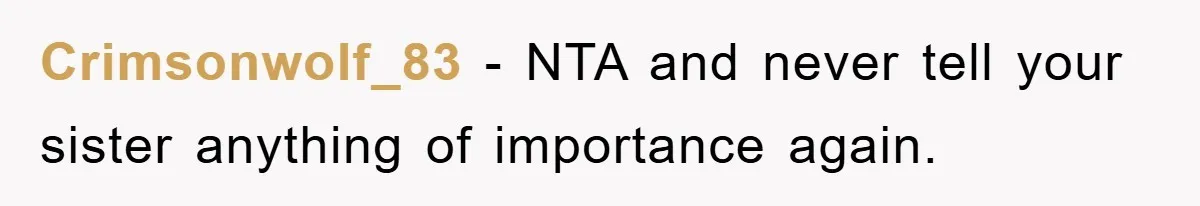 Crimsonwolf_83 − NTA and never tell your sister anything of importance again.