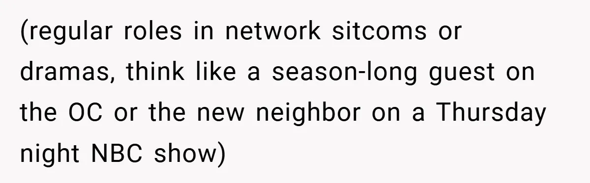 (regular roles in network sitcoms or dramas, think like a season-long guest on the OC or the new neighbor on a Thursday night NBC show)