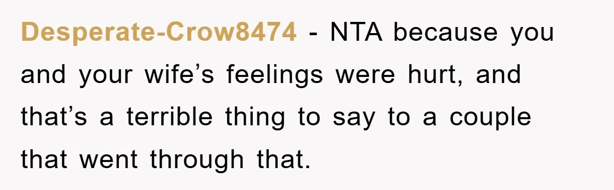 Desperate-Crow8474 − NTA because you and your wife’s feelings were hurt, and that’s a terrible thing to say to a couple that went through that.