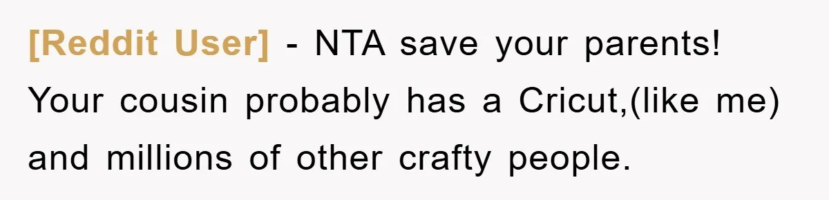 [Reddit User] − NTA save your parents! Your cousin probably has a Cricut,(like me) and millions of other crafty people.