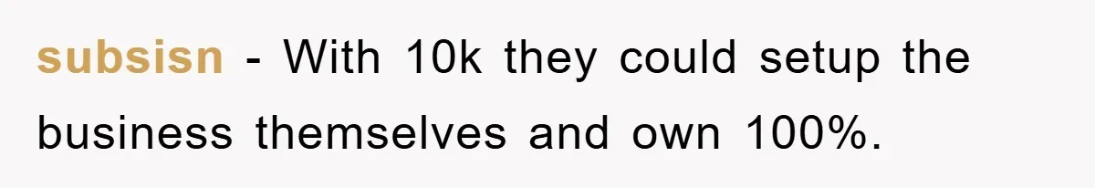 subsisn − With 10k they could setup the business themselves and own 100%.