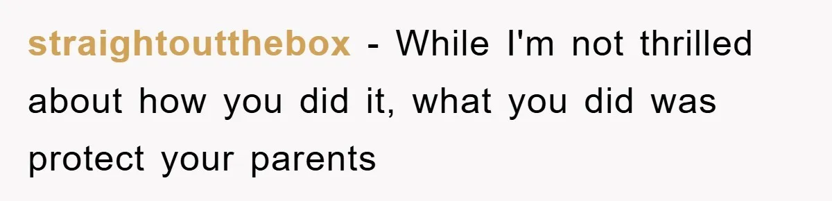 straightoutthebox − While I'm not thrilled about how you did it, what you did was protect your parents