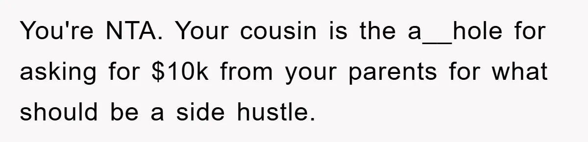 You're NTA. Your cousin is the a__hole for asking for $10k from your parents for what should be a side hustle.