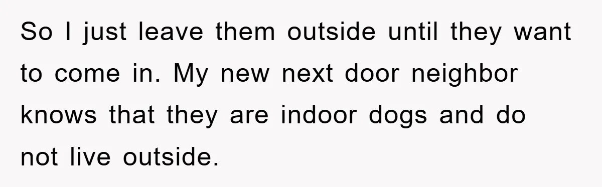 So I just leave them outside until they want to come in. My new next door neighbor knows that they are indoor dogs and do not live outside.