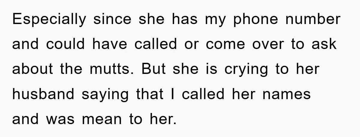 Especially since she has my phone number and could have called or come over to ask about the mutts. But she is crying to her husband saying that I called...