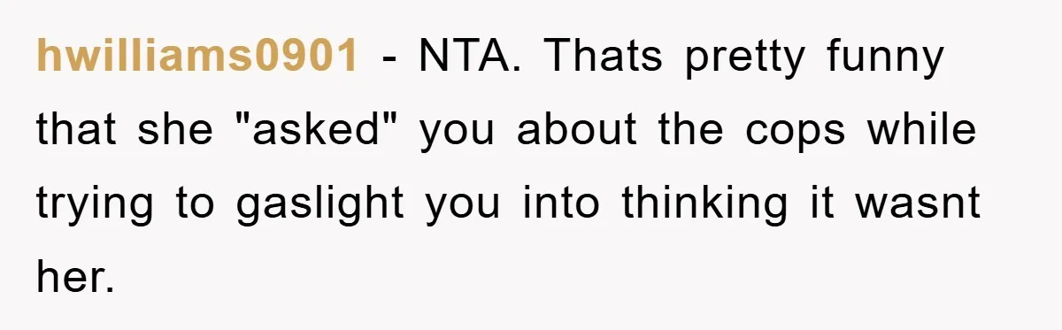 hwilliams0901 − NTA. Thats pretty funny that she "asked" you about the cops while trying to gaslight you into thinking it wasnt her.