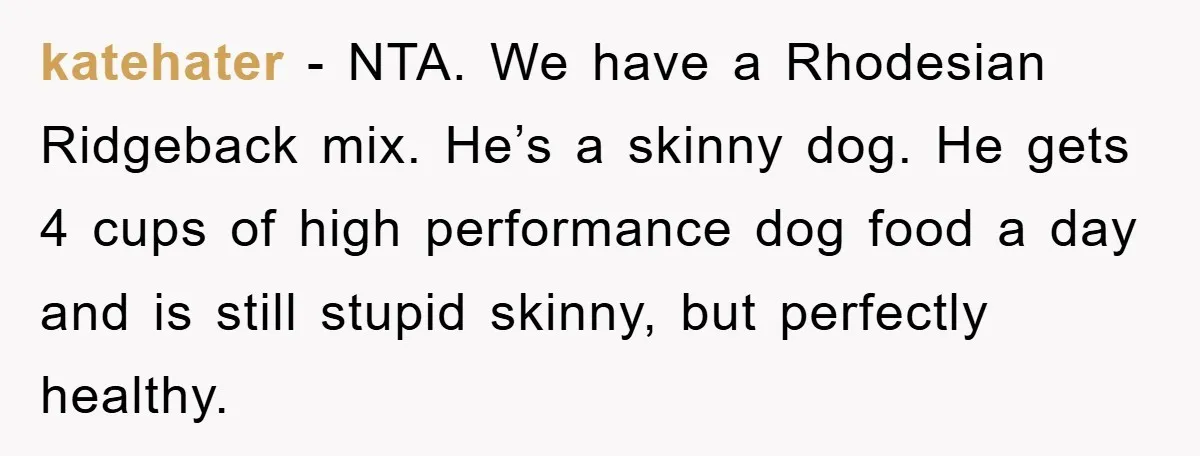 katehater − NTA. We have a Rhodesian Ridgeback mix. He’s a skinny dog. He gets 4 cups of high performance dog food a day and is still stupid skinny, but...