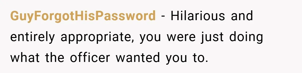 GuyForgotHisPassword − Hilarious and entirely appropriate, you were just doing what the officer wanted you to.