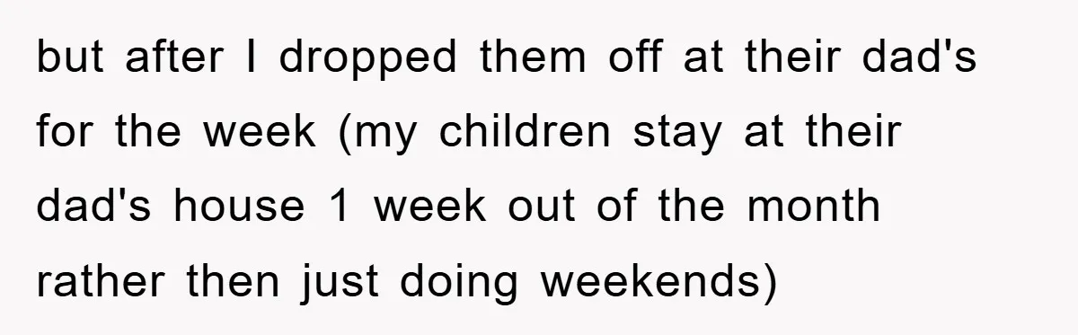 but after I dropped them off at their dad's for the week (my children stay at their dad's house 1 week out of the month rather then just doing weekends)