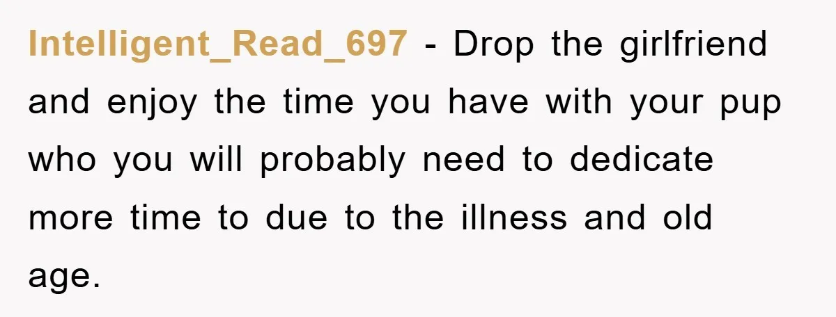 Intelligent_Read_697 - Drop the girlfriend and enjoy the time you have with your pup who you will probably need to dedicate more time to due to the illness and old...