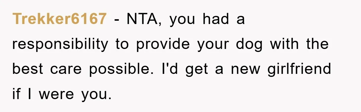 Trekker6167 - NTA, you had a responsibility to provide your dog with the best care possible. I'd get a new girlfriend if I were you.
