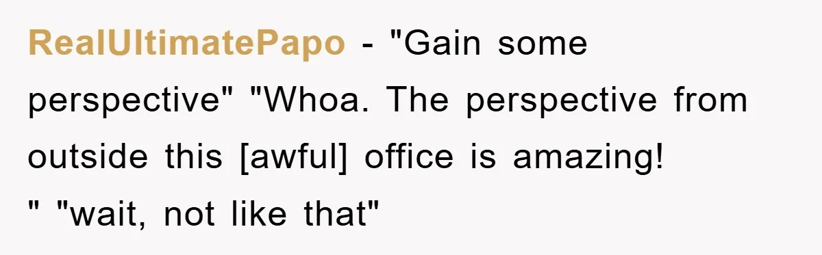 RealUltimatePapo - "Gain some perspective" "Whoa. The perspective from outside this [awful] office is amazing! " "wait, not like that"
