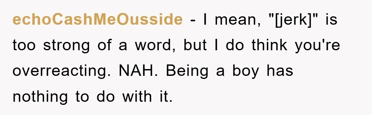 echoCashMeOusside - I mean, "[jerk]" is too strong of a word, but I do think you're overreacting. NAH. Being a boy has nothing to do with it.
