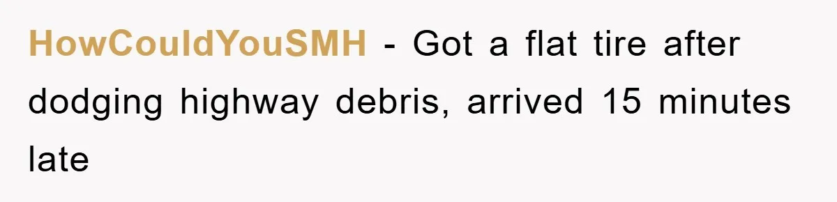 HowCouldYouSMH − Got a flat tire after dodging highway debris, arrived 15 minutes late