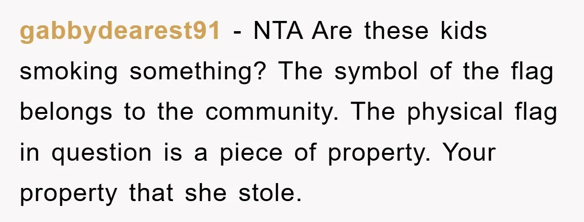 gabbydearest91 - NTA Are these kids smoking something? The symbol of the flag belongs to the community. The physical flag in question is a piece of property. Your property that...