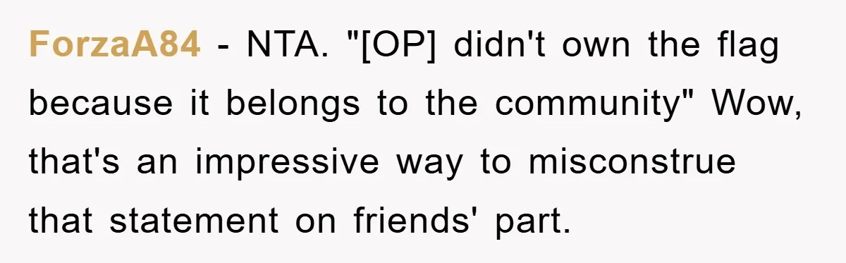 ForzaA84 - NTA. "[OP] didn't own the flag because it belongs to the community" Wow, that's an impressive way to misconstrue that statement on friends' part.