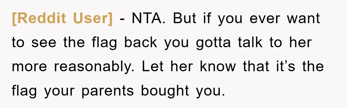 [Reddit User] - NTA. But if you ever want to see the flag back you gotta talk to her more reasonably. Let her know that it’s the flag your parents...
