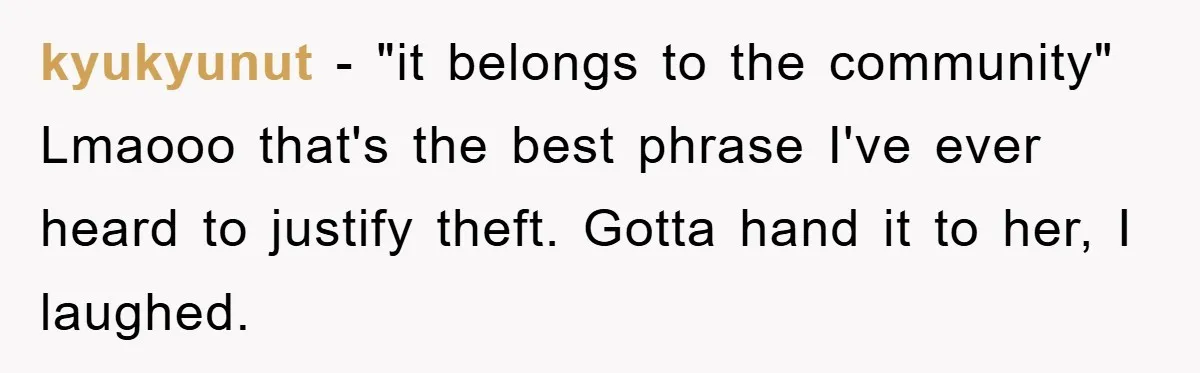 kyukyunut - "it belongs to the community" Lmaooo that's the best phrase I've ever heard to justify theft. Gotta hand it to her, I laughed.