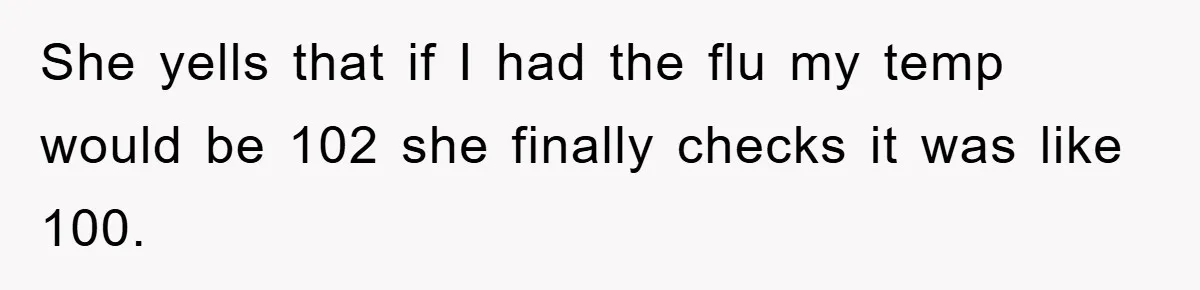 She yells that if I had the flu my temp would be 102 she finally checks it was like 100.