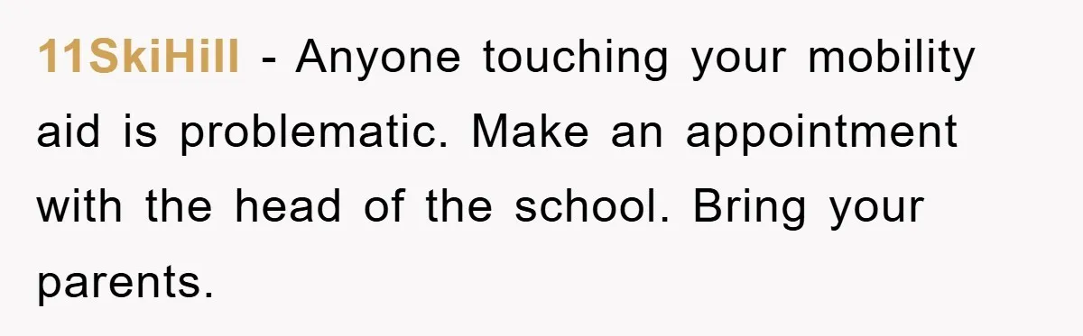 11SkiHill - Anyone touching your mobility aid is problematic. Make an appointment with the head of the school. Bring your parents.
