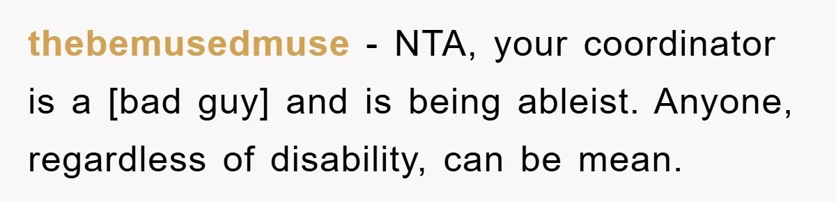 thebemusedmuse - NTA, your coordinator is a [bad guy] and is being ableist. Anyone, regardless of disability, can be mean.