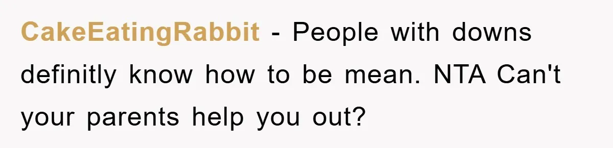 CakeEatingRabbit - People with downs definitly know how to be mean. NTA Can't your parents help you out?