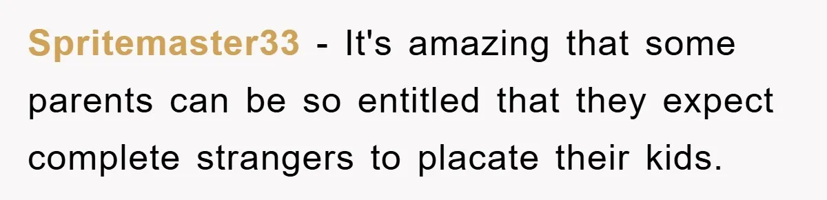 Spritemaster33 − It's amazing that some parents can be so entitled that they expect complete strangers to placate their kids.