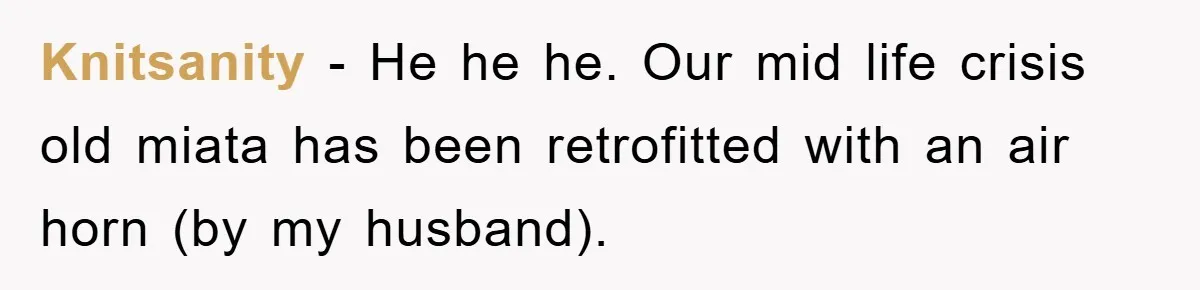 Knitsanity - He he he. Our mid life crisis old miata has been retrofitted with an air horn (by my husband).