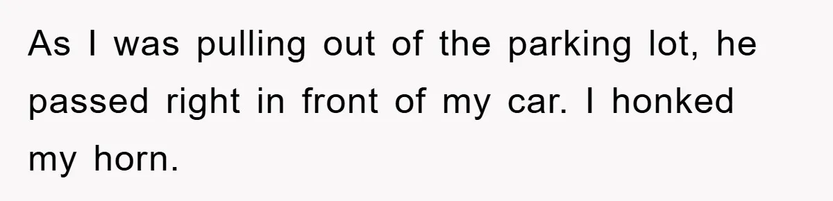 As I was pulling out of the parking lot, he passed right in front of my car. I honked my horn.