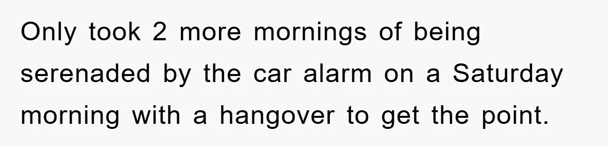 Only took 2 more mornings of being serenaded by the car alarm on a Saturday morning with a hangover to get the point.