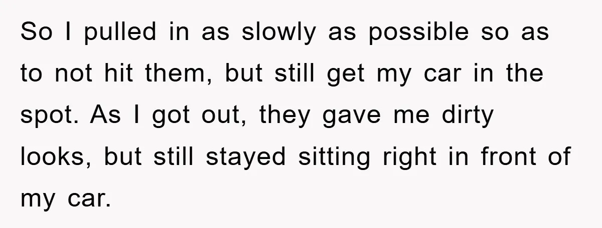 So I pulled in as slowly as possible so as to not hit them, but still get my car in the spot. As I got out, they gave me dirty...