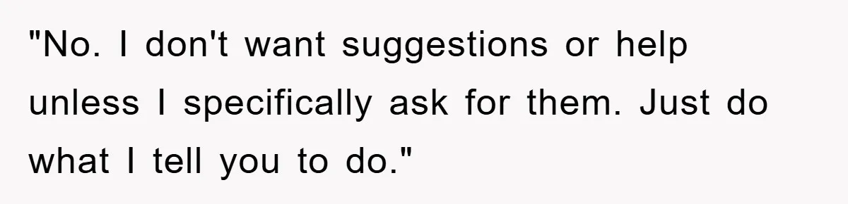 "No. I don't want suggestions or help unless I specifically ask for them. Just do what I tell you to do."