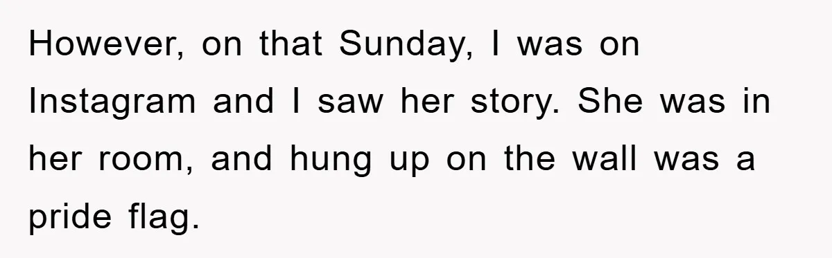 However, on that Sunday, I was on Instagram and I saw her story. She was in her room, and hung up on the wall was a pride flag.