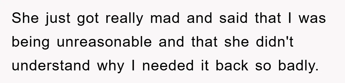 She just got really mad and said that I was being unreasonable and that she didn't understand why I needed it back so badly.