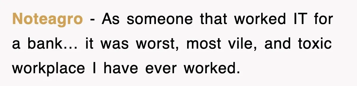 Noteagro − As someone that worked IT for a bank… it was worst, most vile, and toxic workplace I have ever worked.