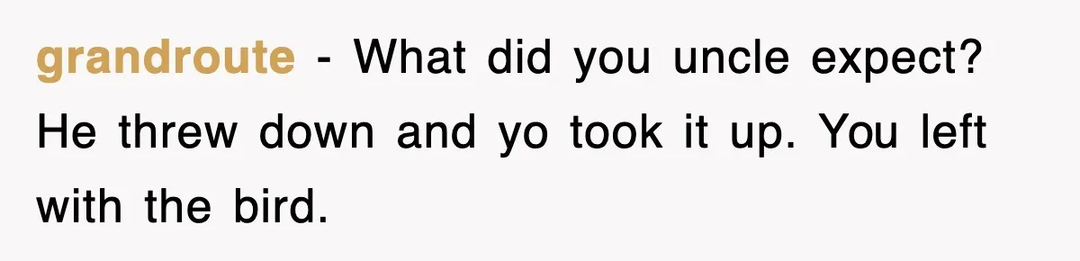 Entitled Parents Let Their Kid Scream At 4 A.M., So Guest Took The Turkey And Left grandroute − What did you uncle expect? He threw down and yo took it up. You left with the bird.